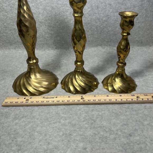Vtg Solid Brass Spiral Swirl Twist Candlestick Holders Set of 3 Made In India - Picture 13 of 16